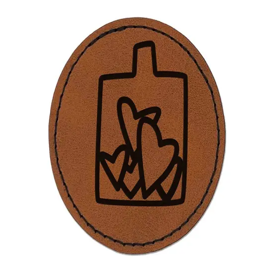 Hearts Love in Jar Round Iron-On Engraved Faux Leather Patch Applique - 2.5" Brown {1}