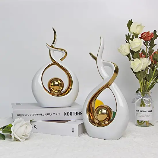 1 Pack Home Decor Modern Abstract Art Ceramic Statue Table Decorations for Dining Room Living Room Office Centerpiece (White and Gold, Small) {6}