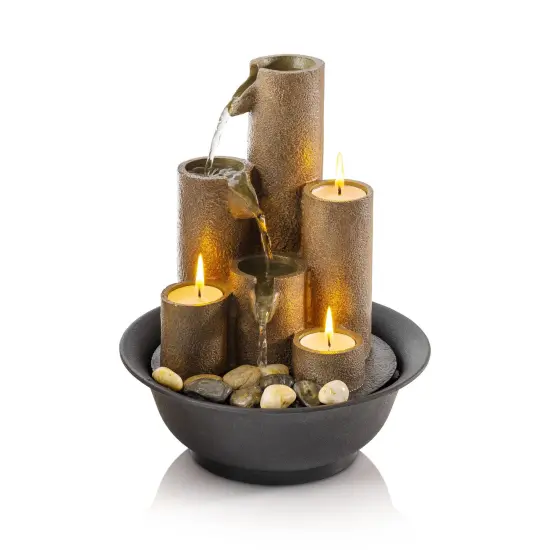 Indoor Tabletop Tiered Water Fountain Featuring 3 Candles for Desktop and Table, 11", Brown {5}