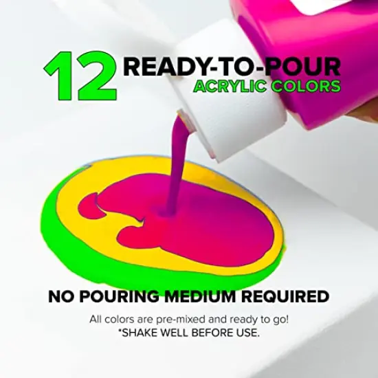 Neon Acrylic Pouring Paint 12 Colors - Pre-Mixed High Flow Ready to Pour - 2 oz./59 ml Bottles - Multi-Purpose Paints for Canvas, Paper, Rocks, Wood {5}