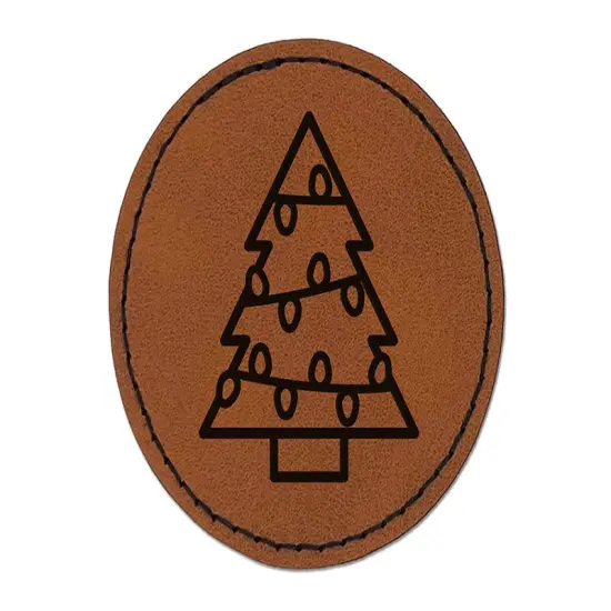 Christmas Tree with Lights Round Iron-On Engraved Faux Leather Patch Applique - 2.5" Brown {1}