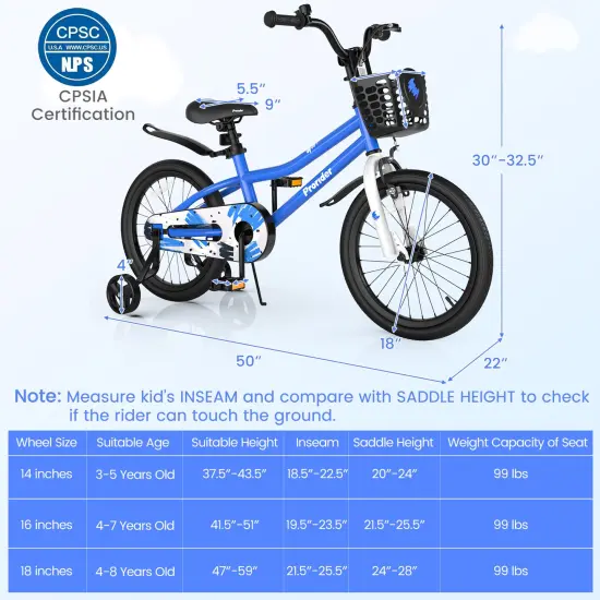 18 Feet Kid's Bike with Removable Training Wheels Blue {5}