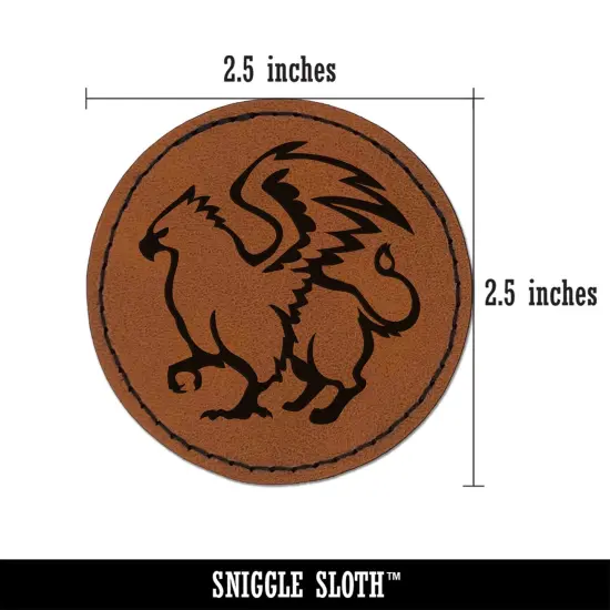 Proud Griffin Fantasy Silhouette Round Iron-On Engraved Faux Leather Patch Applique - 2.5" Brown {3}
