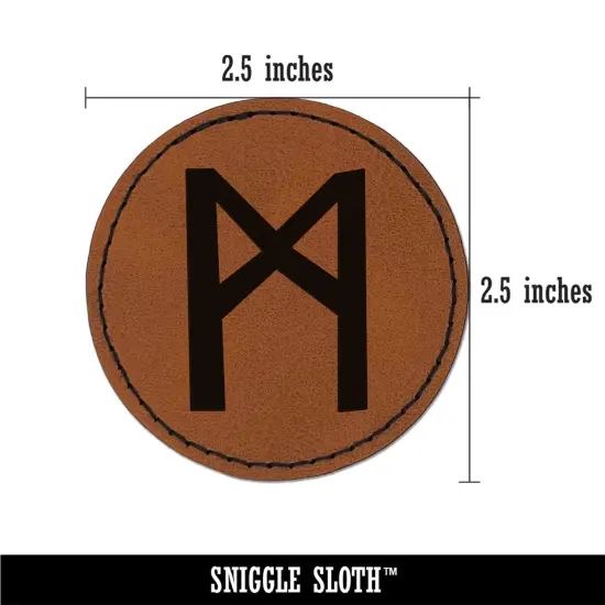 Norse Viking Dwarven Rune Letter M Round Iron-On Engraved Faux Leather Patch Applique - 2.5" Brown {3}