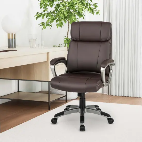 Costway Ergonomic Office Chair PU Leather Executive Swivel with Upholstered Armrests Brown {1}