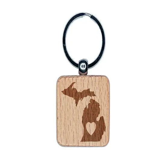 Michigan State with Heart Engraved Wood Square Keychain Tag Charm {1}