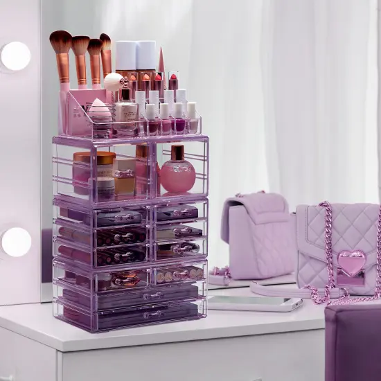 Sorbus X-Large Acrylic Makeup and Jewelry Organizer Case - 4 Piece Set (12 Drawers) Purple {2}