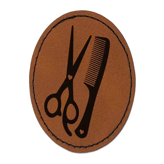 Hair Cutting Comb Scissors with Hearts Round Iron-On Engraved Faux Leather Patch Applique - 2.5" Brown {1}