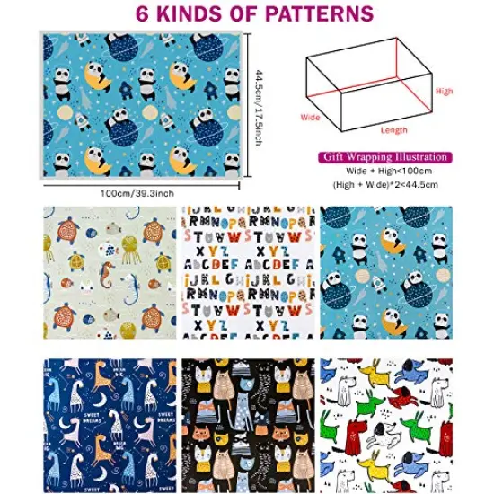 6 Pieces Wrapping Paper Sheet - Cute Animal Design for Birthday, Holiday, Party, Baby Shower - 1 Roll Contains 6 Sheets - 17.5 inch X 39.3 inch Per Sheet {1}