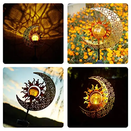1 Pack Garden Solar Lights Outdoor Decorative, Sun & Moon Crackle Glass Globe Metal Stake Light, Waterproof Warm White LED Light, Decorations for Pathway Lawn Patio Courtyard Backyard {1}