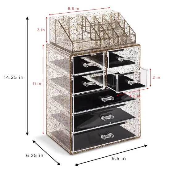 Sorbus Medium Makeup Organizer Set - (3 Large / 4 Small Drawers/Top Tray) Glitter {6}