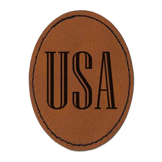 USA Patriotic Text Round Iron-On Engraved Faux Leather Patch Applique - 2.5" Brown {1}