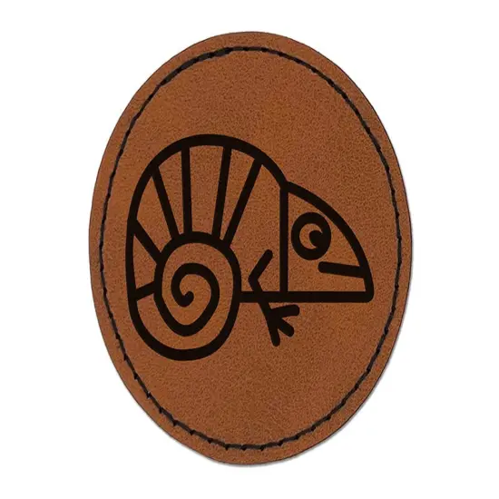 Chameleon Lizard Doodle Round Iron-On Engraved Faux Leather Patch Applique - 2.5" Brown {1}