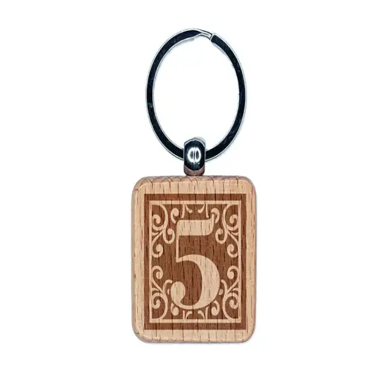 Monogram Swirls Number 5 Five Engraved Wood Square Keychain Tag Charm {1}