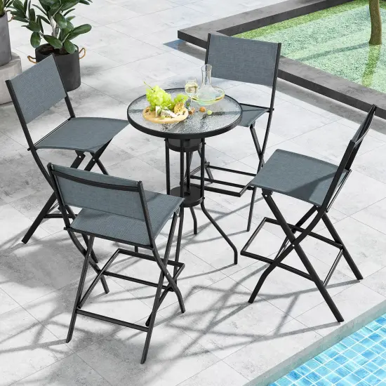 Costway Set of 4 Outdoor Bar Chair Folding Bar Height Stool with Metal Frame Blue/Coffee {2}