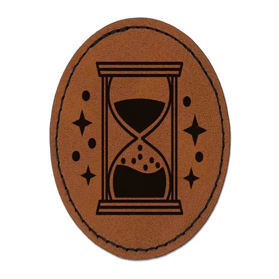 Hourglass Sands of Time Round Iron-On Engraved Faux Leather Patch Applique - 2.5" Brown {1}