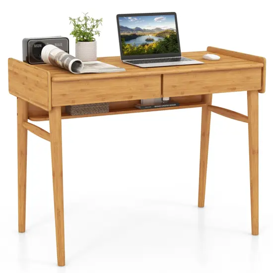 Costway Bamboo Writing Desk 39.5" Computer Study Desk with 2 Storage Drawers & Open Shelf {1}