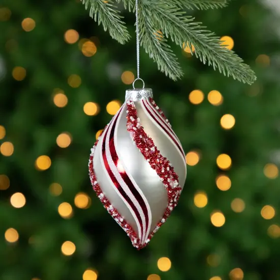 Northlight Set of 2 White and Red Glitter and Beads Striped Finial Glass Christmas Ornaments 5.5" {3}