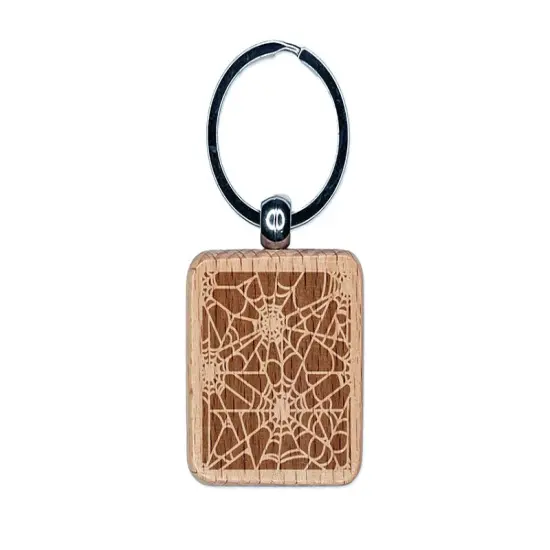 Dark Spider Web Pattern Engraved Wood Square Keychain Tag Charm {1}