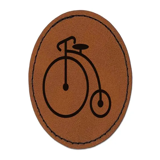 Penny Farthing Bicycle Bike Old Fashioned Victorian Round Iron-On Engraved Faux Leather Patch Applique - 2.5" Brown {1}