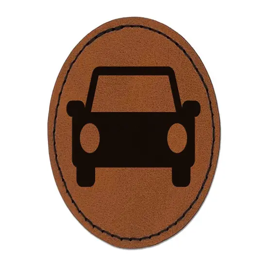Parked Car Automobile Icon Round Iron-On Engraved Faux Leather Patch Applique - 2.5" Brown {1}
