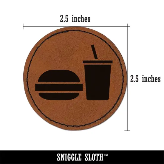 Hamburger and Soda Food Drink Icon Round Iron-On Engraved Faux Leather Patch Applique - 2.5" Brown {2}