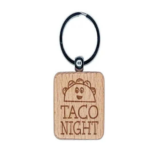 Taco Night Cute Doodle Engraved Wood Square Keychain Tag Charm {1}