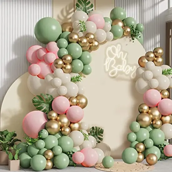 133 Pieces Green Pink Balloons Garland Kit, Olive Green Blush Pink Sand White Metallic Gold Balloons for Girl Baby Shower Bridal Shower Wedding Birthday Jungle Safari Woodland Party Decorations… {2}