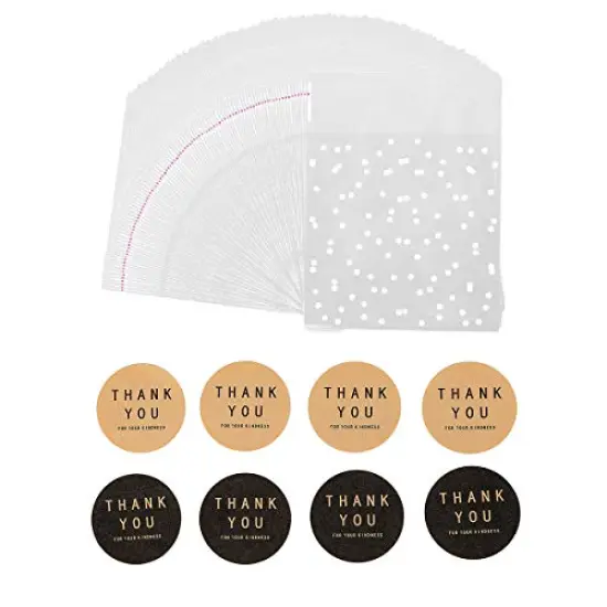 400 Pieces White Polka Dot Treat Bags Self Adhesive Candy Cookie Bags, 200 Cellophane Bags + 200 Thank You Sticker for Bakery Biscuit Chocolate Snacks Dessert (5.5x5.5Inches, White Polka Dot+Sticker) {1}