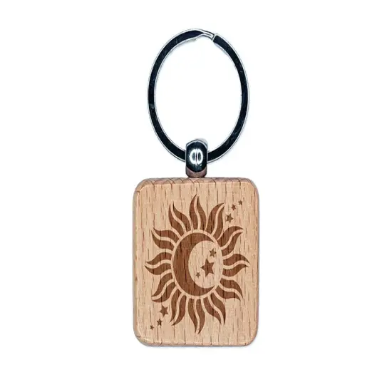 Celestial Sun Moon and Stars Engraved Wood Square Keychain Tag Charm {1}