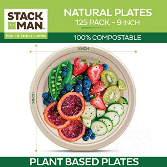 125 Pieces 100% Compostable Paper Plates, Heavy Duty Disposable Plates 9 Inch Plates - Eco-Friendly, Biodegradable Sugarcane Bagasse, Natural Unbleached Brown 9" Dinner Paper Plate Disposable {4}