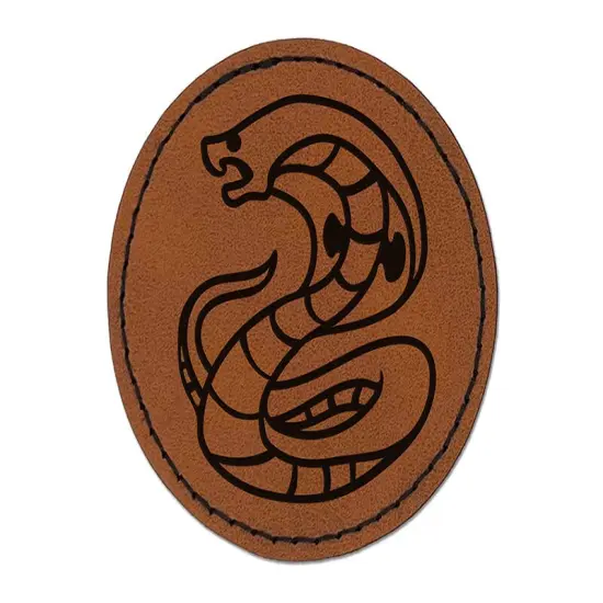 Coiled Cobra Snake Round Iron-On Engraved Faux Leather Patch Applique - 2.5" Brown {1}