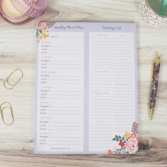 bloom daily planners Planning Pad, 8.5" x 11", Meal & Grocery Pad with Magnets, Blue Floral {1}