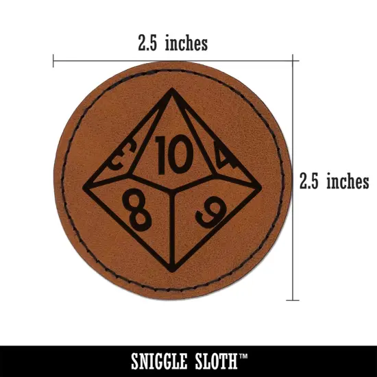 D10 10 Sided Gaming Gamer Dice Critical Role Round Iron-On Engraved Faux Leather Patch Applique - 2.5" Brown {3}
