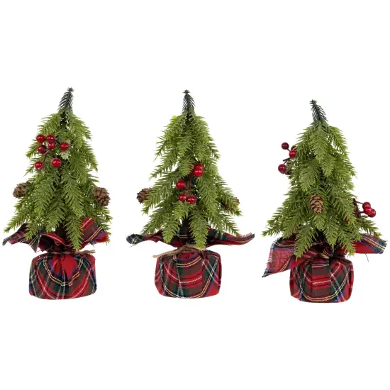 Northlight Mini Downswept Pine Artificial Christmas Trees with Pine Cones - 9" - Set of 3 Green {1}