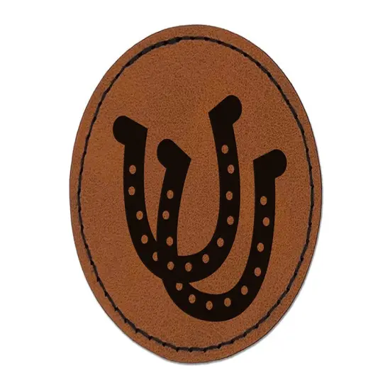 Double Horseshoe Lucky Round Iron-On Engraved Faux Leather Patch Applique - 2.5" Brown {1}