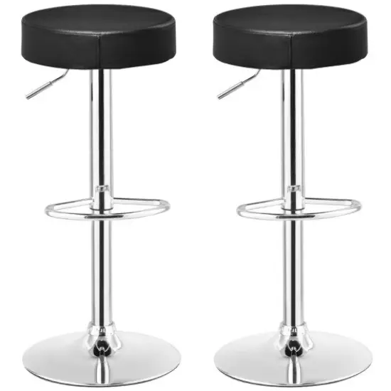 Set of 2 Adjustable Round PU Leather Swivel Barstool with Chrome Footrest-Black {2}