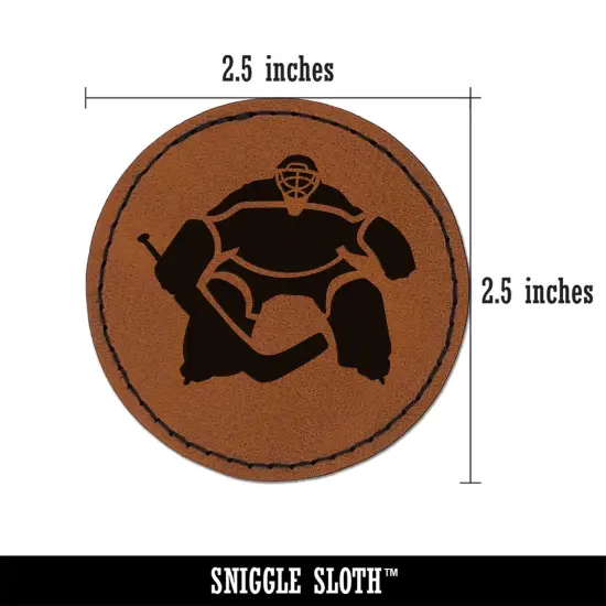 Hockey Goalie Goalkeeper with Stick Round Iron-On Engraved Faux Leather Patch Applique - 2.5" Brown {3}