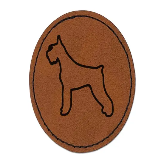 Giant Schnauzer Dog Outline Round Iron-On Engraved Faux Leather Patch Applique - 2.5" Brown {1}