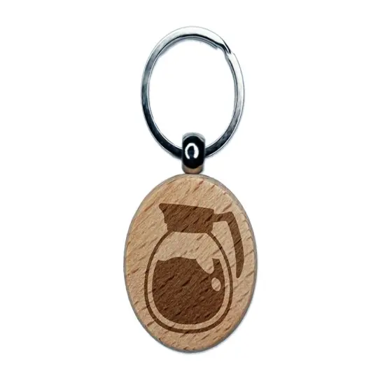 Coffee Pot Engraved Wood Round Keychain Tag Charm {1}