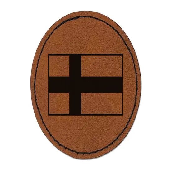 Finland Flag Round Iron-On Engraved Faux Leather Patch Applique - 2.5" Brown {1}