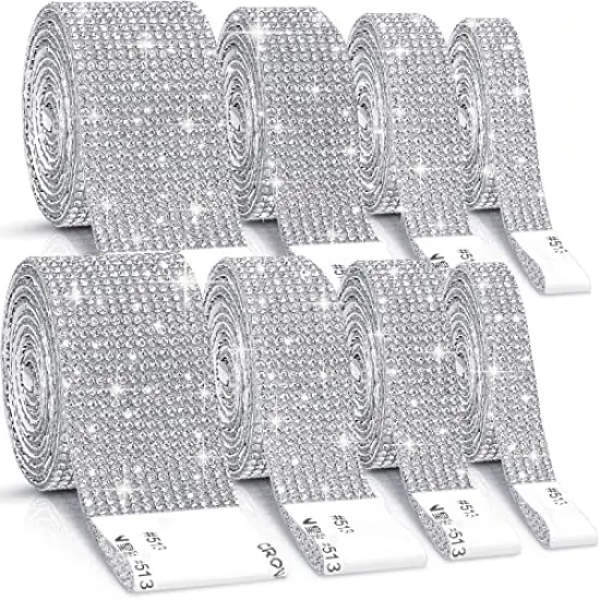 8 Rolls Rhinestone Ribbons,Cludoo 8 Yard Silver Self Adhesive Rhinestone Ribbon, Bling Crystal Diamond Ribbon Roll Wrap Glittering Rhinestones Sticker for Decoration Car DIY Arts Crafts Wedding {2}