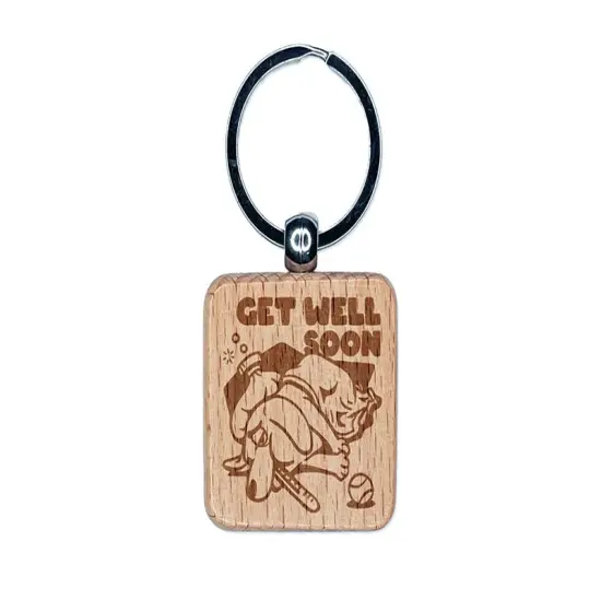 Sick Dog Get Well Soon Engraved Wood Square Keychain Tag Charm {1}