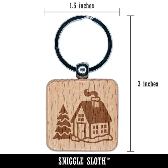 Christmas Winter House Engraved Wood Square Keychain Tag Charm {2}