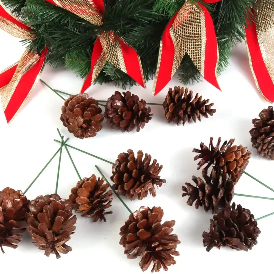 Natural Lacquered Brown Pine Cone Picks for Holiday Decor and Crafting, Set of 12, Floral Home by Artificial Flowers {2}