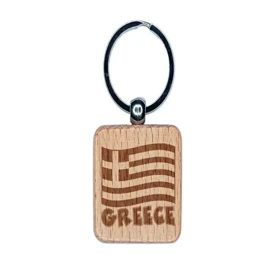 Greece with Waving Flag Cute Engraved Wood Square Keychain Tag Charm {1}