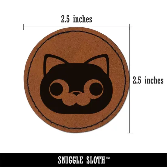 Round Cat Face Derpy Round Iron-On Engraved Faux Leather Patch Applique - 2.5" Brown {3}