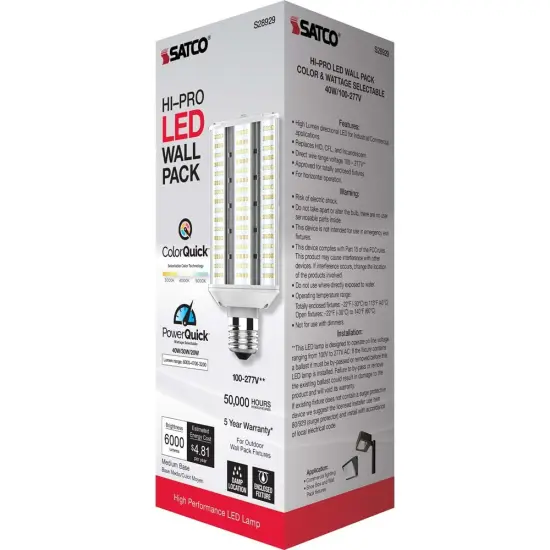 Satco LED Hi-Pro Wall Pack 20/30/40w CCT Selectable Medium Base 100-277V {6}