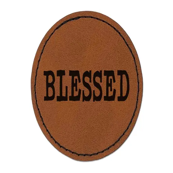 Blessed Text Round Iron-On Engraved Faux Leather Patch Applique - 2.5" Brown {1}