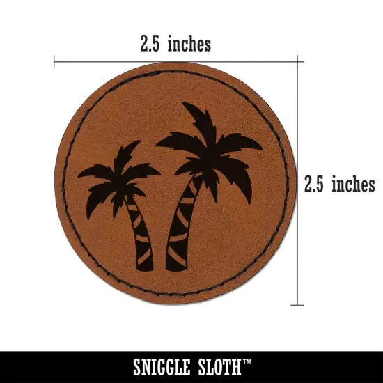 Two Palm Trees Tropical Round Iron-On Engraved Faux Leather Patch Applique - 2.5" Brown {2}
